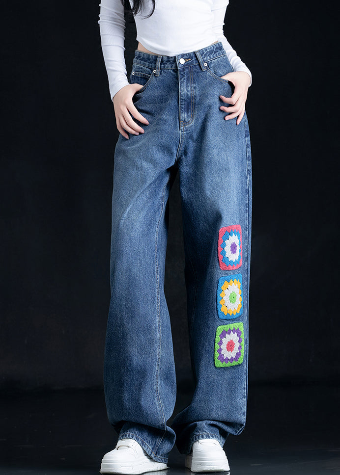 Casual Blue Embroidered Pockets Denim Straight Pants Fall