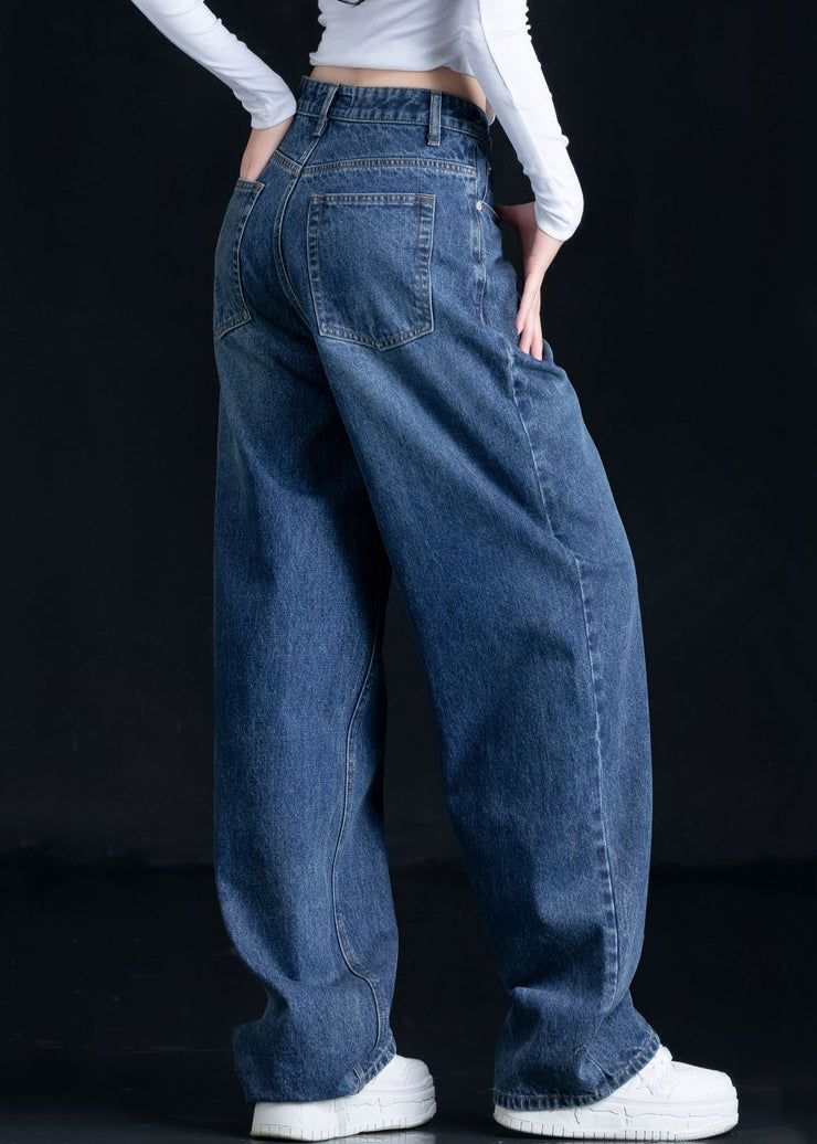Casual Blue Embroidered Pockets Denim Straight Pants Fall