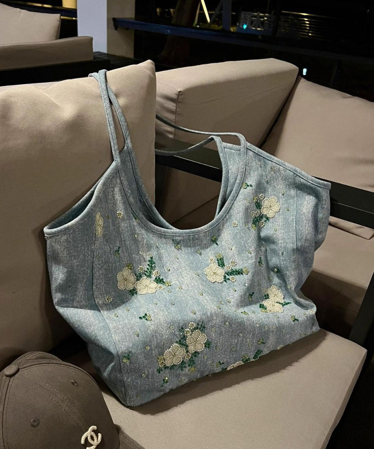 Casual Blue Embroideried Large Capacity Denim Shoulder Bag