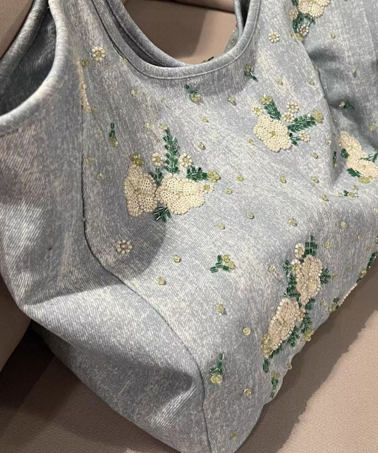 Casual Blue Embroideried Large Capacity Denim Shoulder Bag