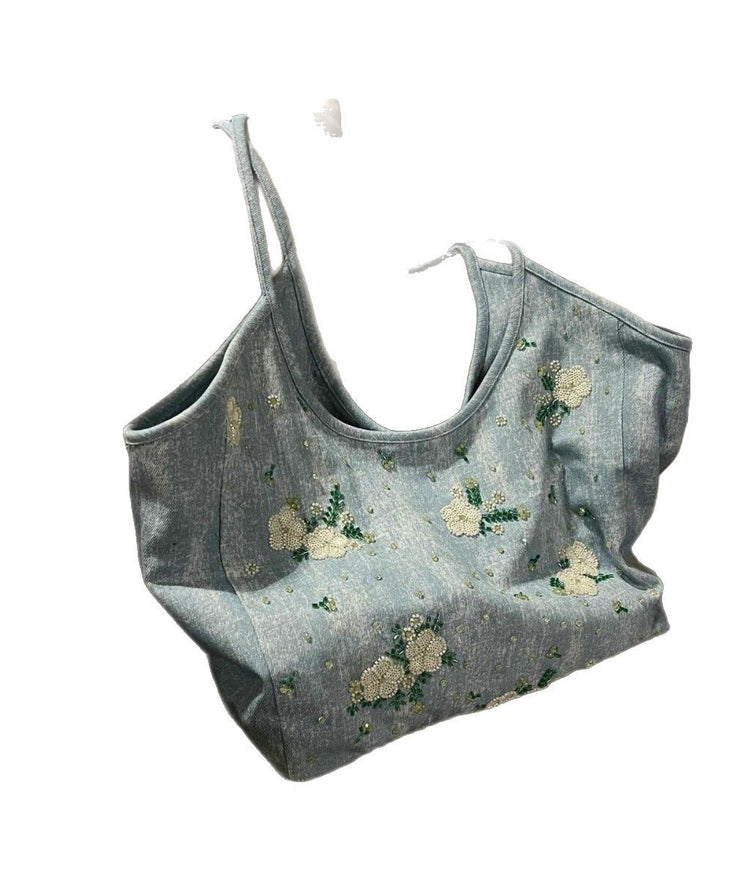 Casual Blue Embroideried Large Capacity Denim Shoulder Bag
