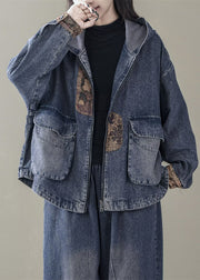 Casual Blue Hooded Patchwork Denim Coats Spring