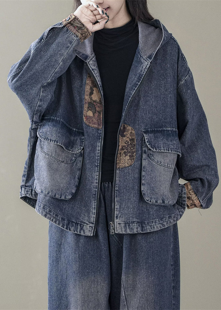Casual Blue Hooded Patchwork Denim Coats Spring