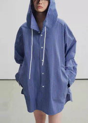 Casual Blue Hooded Plaid Cotton Trench Fall