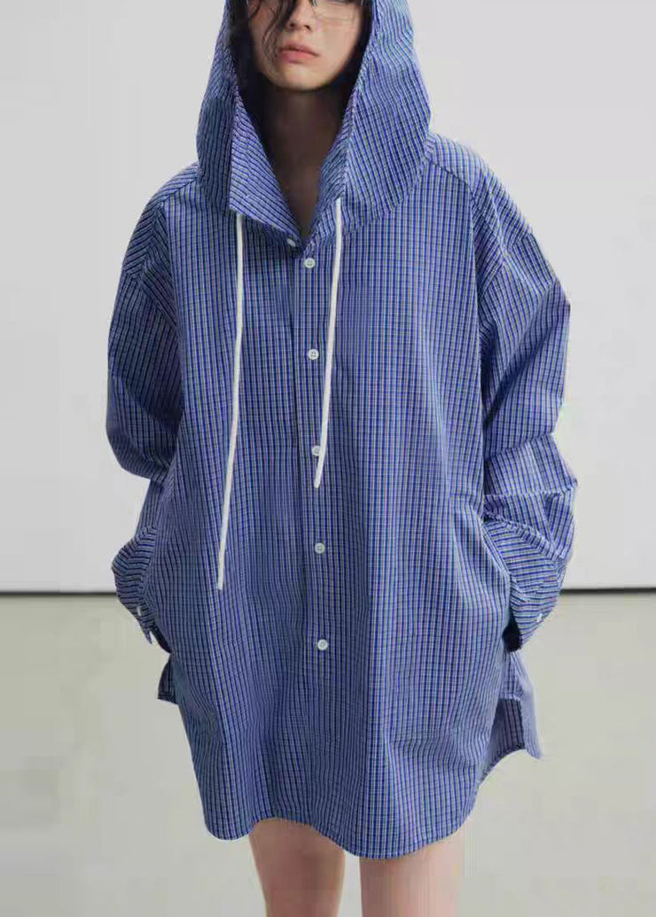 Casual Blue Hooded Plaid Cotton Trench Fall