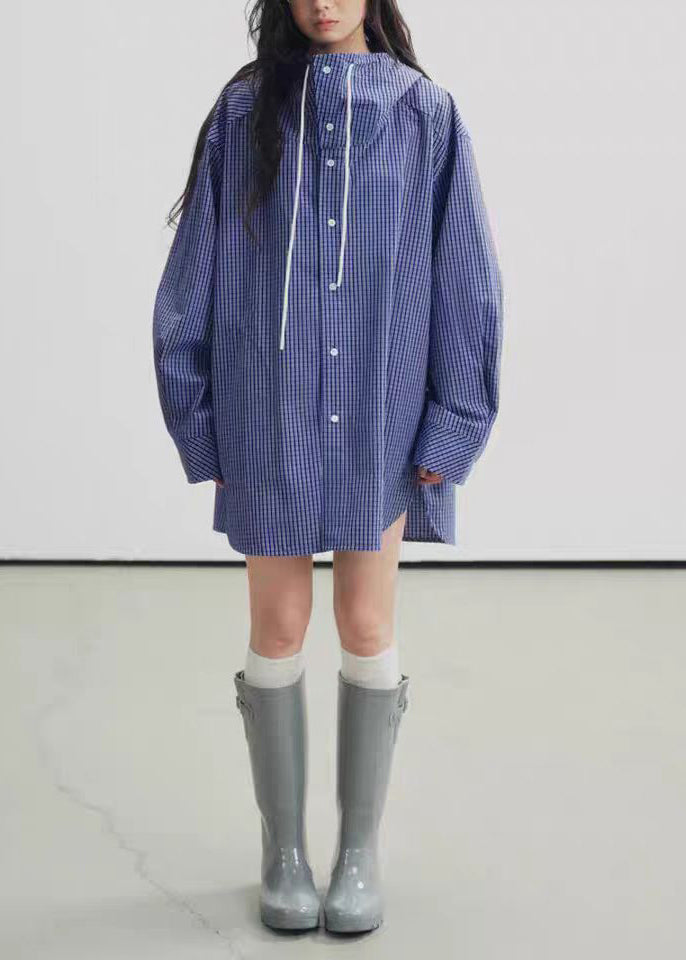 Casual Blue Hooded Plaid Cotton Trench Fall