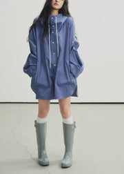 Casual Blue Hooded Plaid Cotton Trench Fall