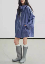 Casual Blue Hooded Plaid Cotton Trench Fall