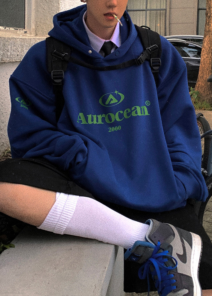 Casual Blue Hooded Pockets Cotton Mens Sweatshirts Spring