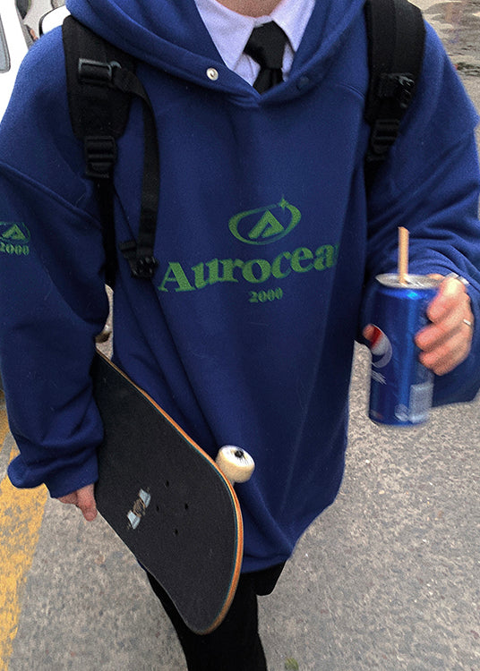 Casual Blue Hooded Pockets Cotton Mens Sweatshirts Spring
