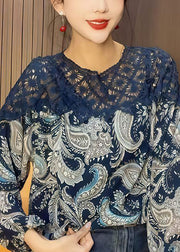 Casual Blue O-Neck Print Hollow Out Chiffon Shirt Fall
