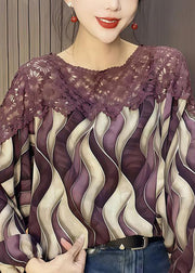 Casual Blue O-Neck Print Hollow Out Chiffon Shirt Fall