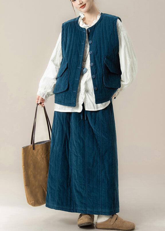 Casual Blue O-Neck Thick Waistcoat ,Shirts And Maxi Skirts Three Pieces Set Lantern Sleeve