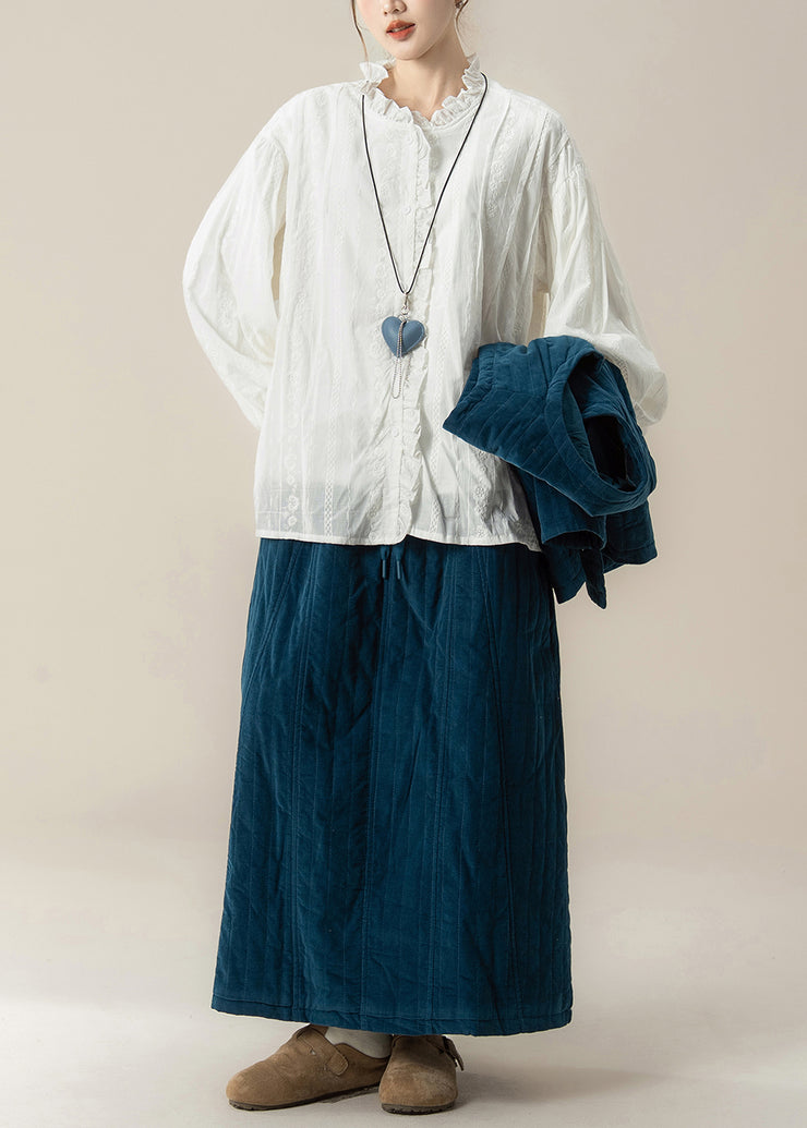 Casual Blue O-Neck Thick Waistcoat ,Shirts And Maxi Skirts Three Pieces Set Lantern Sleeve