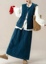 Casual Blue O-Neck Thick Waistcoat ,Shirts And Maxi Skirts Three Pieces Set Lantern Sleeve