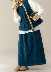 Casual Blue O-Neck Thick Waistcoat ,Shirts And Maxi Skirts Three Pieces Set Lantern Sleeve