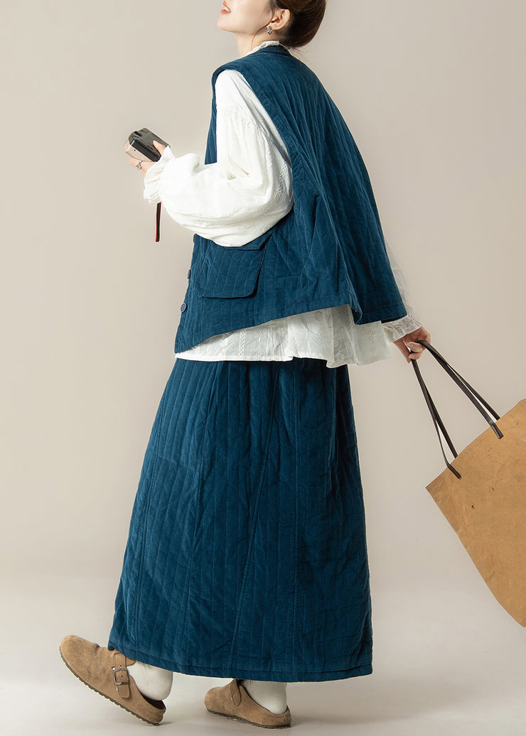 Casual Blue O-Neck Thick Waistcoat ,Shirts And Maxi Skirts Three Pieces Set Lantern Sleeve