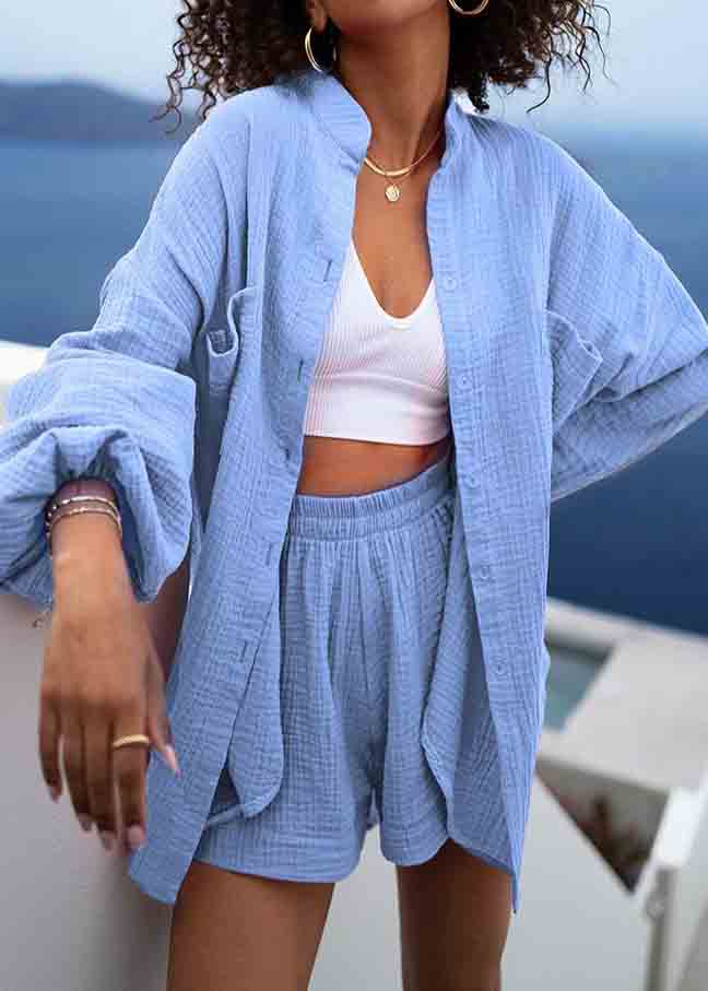 Casual Blue Oversized Cotton Womens Two Piece Suit Set Lantern Sleeve