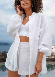 Casual Blue Oversized Cotton Womens Two Piece Suit Set Lantern Sleeve