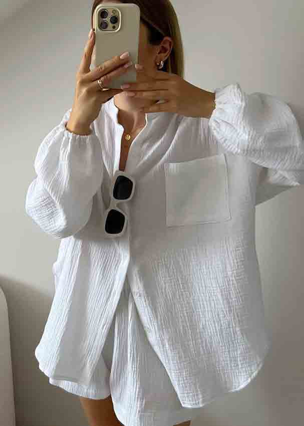 Casual Blue Oversized Cotton Womens Two Piece Suit Set Lantern Sleeve