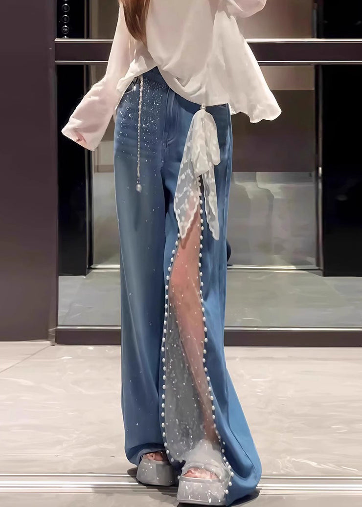 Casual Blue Oversized Patchwork Lace Denim Straight Pants Fall