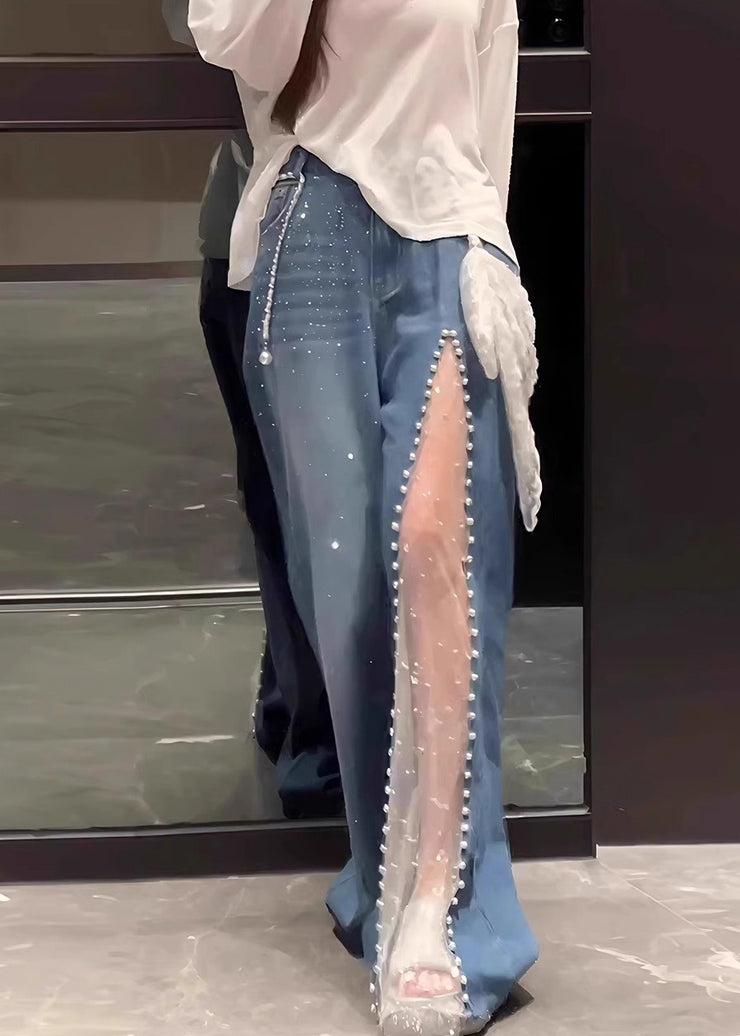 Casual Blue Oversized Patchwork Lace Denim Straight Pants Fall