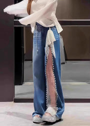 Casual Blue Oversized Patchwork Lace Denim Straight Pants Fall