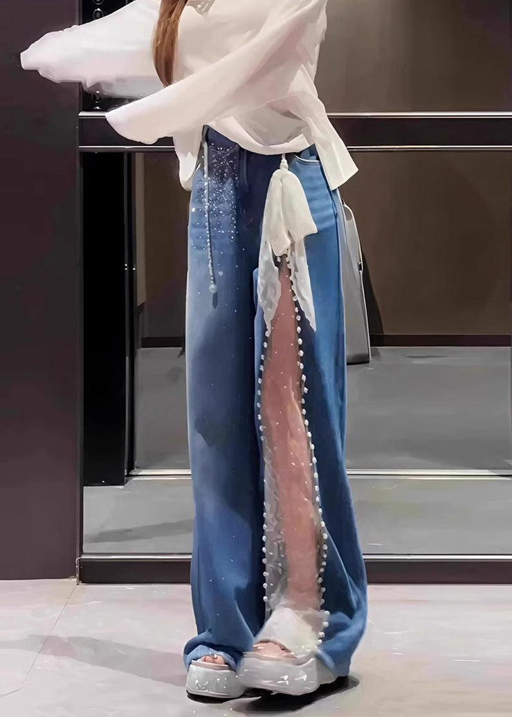 Casual Blue Oversized Patchwork Lace Denim Straight Pants Fall