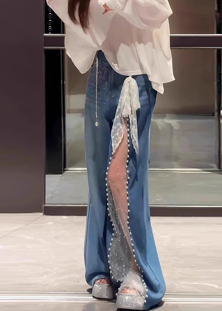 Casual Blue Oversized Patchwork Lace Denim Straight Pants Fall
