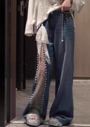 Casual Blue Oversized Patchwork Lace Denim Straight Pants Fall