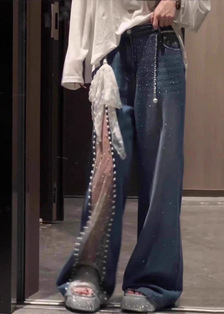 Casual Blue Oversized Patchwork Lace Denim Straight Pants Fall