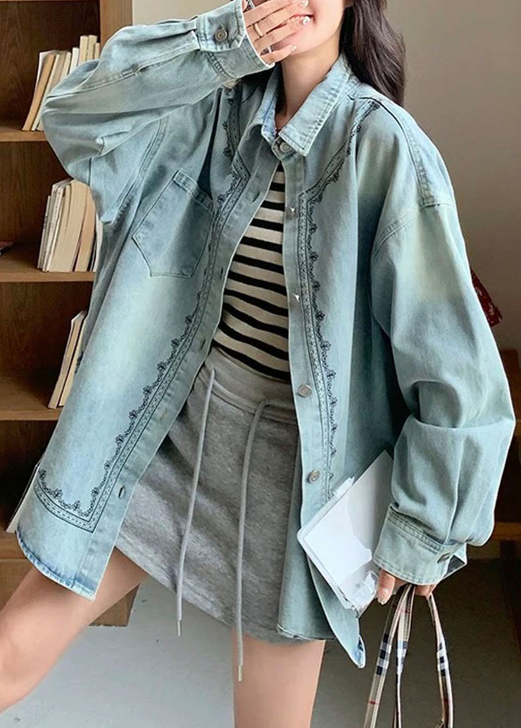 Casual Blue Peter Pan Collar Patchwork Button Denim Shirt Fall