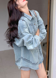 Casual Blue Peter Pan Collar Patchwork Button Denim Shirt Fall