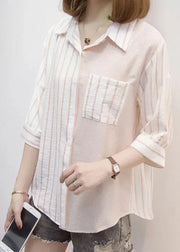 Casual Blue Peter Pan Collar Striped Cotton Shirt Top Bracelet Sleeve