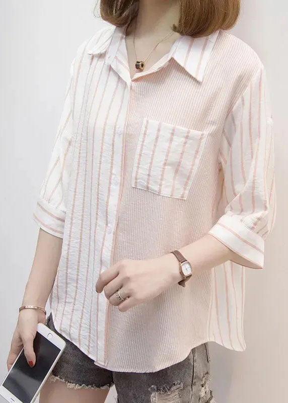 Casual Blue Peter Pan Collar Striped Cotton Shirt Top Bracelet Sleeve