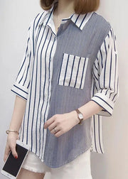 Casual Blue Peter Pan Collar Striped Cotton Shirt Top Bracelet Sleeve