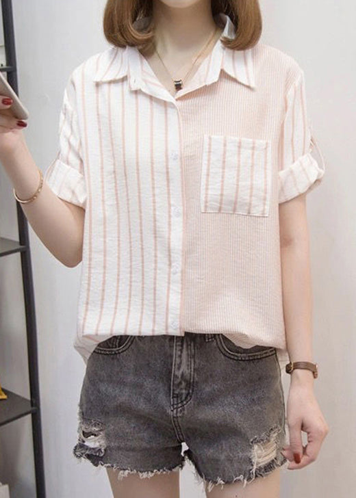 Casual Blue Peter Pan Collar Striped Cotton Shirt Top Bracelet Sleeve