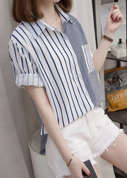 Casual Blue Peter Pan Collar Striped Cotton Shirt Top Bracelet Sleeve
