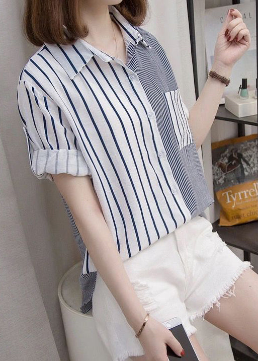 Casual Blue Peter Pan Collar Striped Cotton Shirt Top Bracelet Sleeve