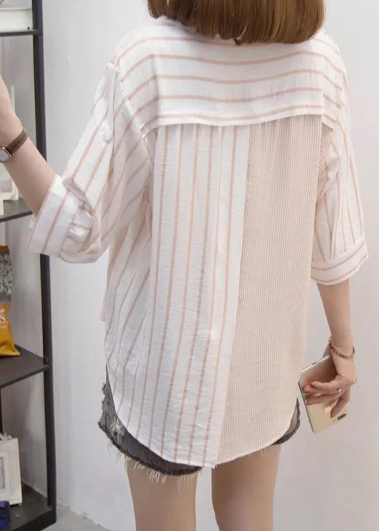 Casual Blue Peter Pan Collar Striped Cotton Shirt Top Bracelet Sleeve