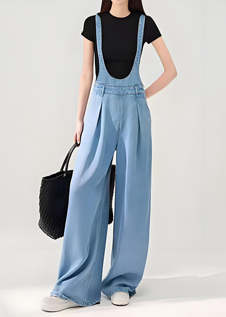 Casual Blue Pockets Denim Jumpsuits Fall