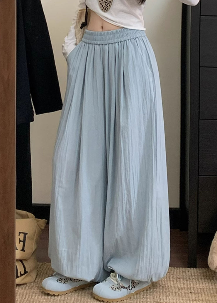 Casual Blue Pockets Elastic Waist Cotton Pants Fall