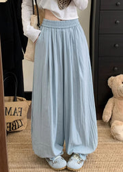 Casual Blue Pockets Elastic Waist Cotton Pants Fall