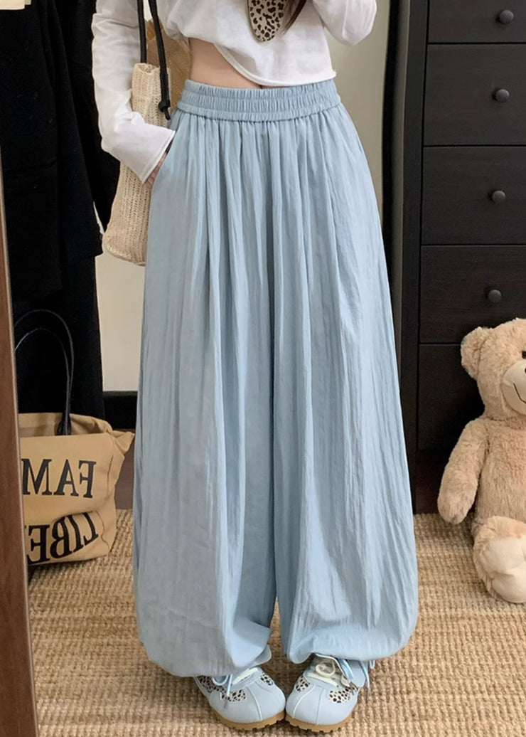 Casual Blue Pockets Elastic Waist Cotton Pants Fall
