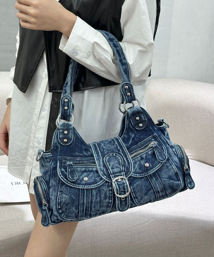 Casual Blue Pockets Patchwork Denim Hobo Bag