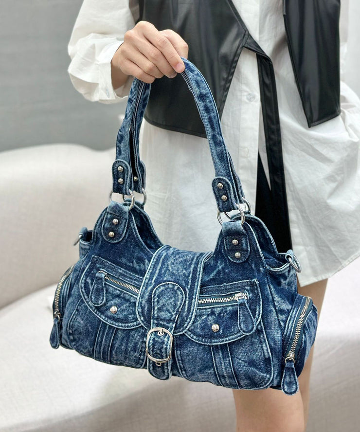 Casual Blue Pockets Patchwork Denim Hobo Bag