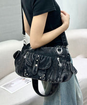 Casual Blue Pockets Patchwork Denim Hobo Bag