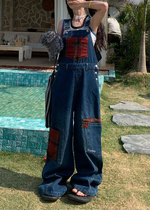 Casual Blue Pockets Patchwork Denim Overalls Jumpsuit Fall