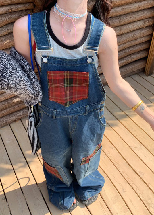 Casual Blue Pockets Patchwork Denim Overalls Jumpsuit Fall
