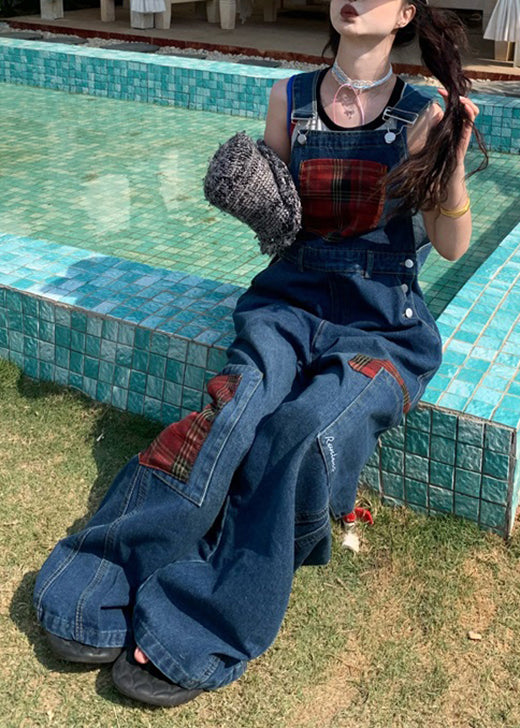 Casual Blue Pockets Patchwork Denim Overalls Jumpsuit Fall